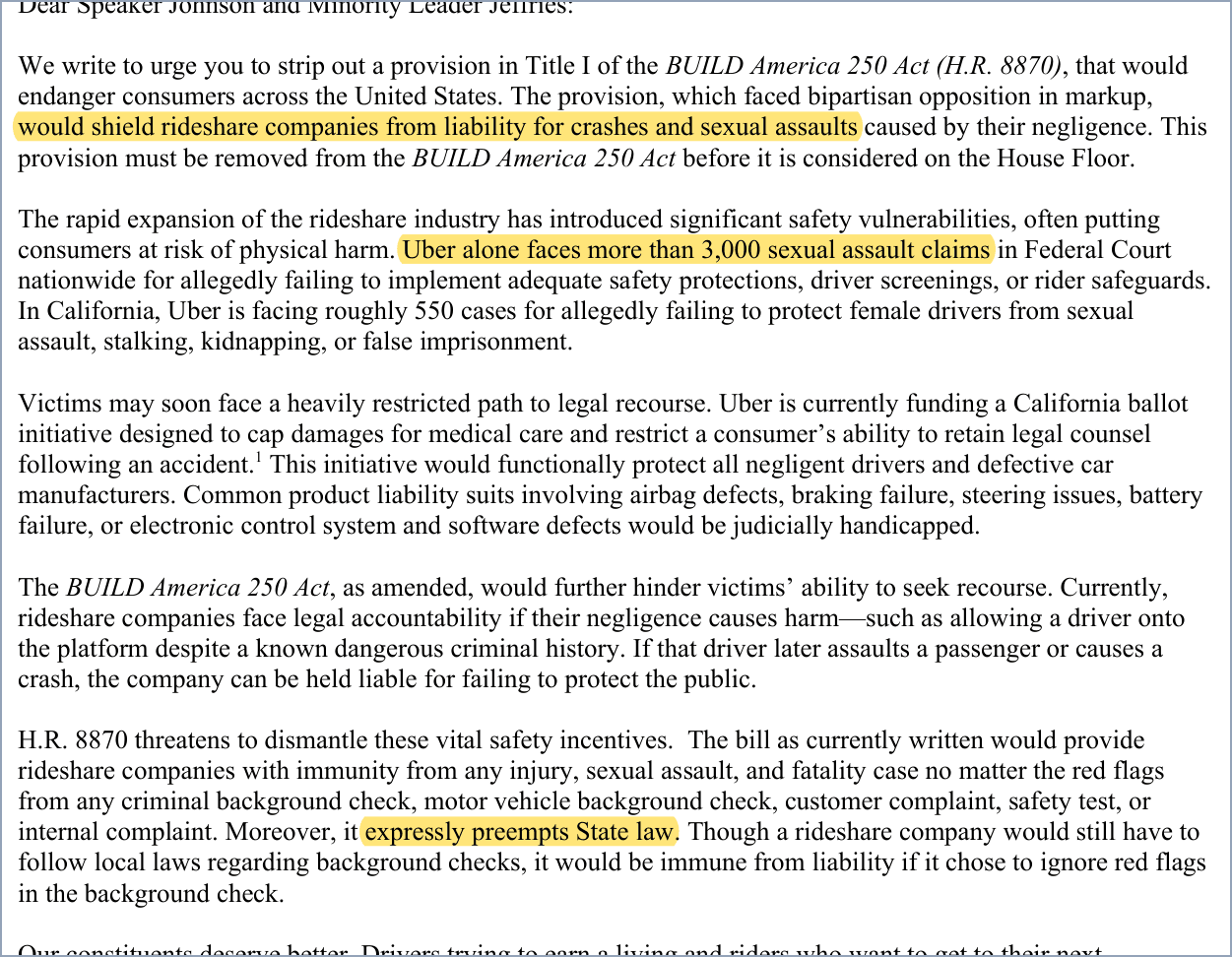 Highlighted California delegation letter naming Uber immunity concerns